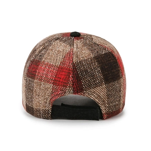 Back view of red plaid wool baseball cap with adjustable strap and vintage texture