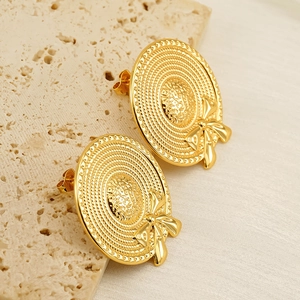 Gold bow straw hat stud earrings in stainless steel for women with woven texture