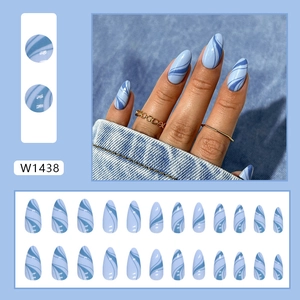 Blue marble almond press-on nails with elegant water ripple design, 24-piece full set