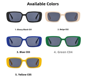 Detailed grid showing five color options of retro thick square frame sunglasses