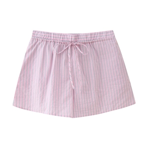 Short décontracté en coton à rayures roses avec taille élastique et cordon pour femme