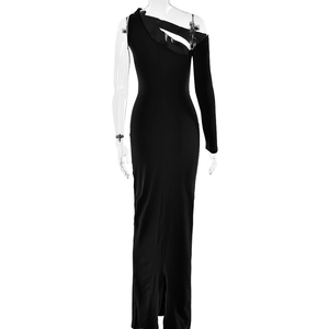 Rear view of a black one-shoulder long-sleeved evening dress with a slim-fit silhouette