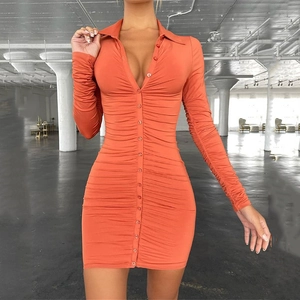 Slim fit orange long sleeve button dress with ruched fabric and collar details