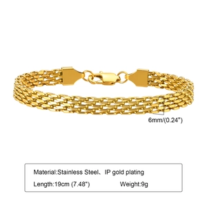 Detail view of 6mm wide 18K gold plated mesh chain bracelet with lobster clasp and specs