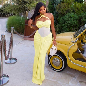 Halter Neck Maxi Dress Polyester Mesh Patchwork Backless Ruched Slim Fit Elegant Evening Party For Women