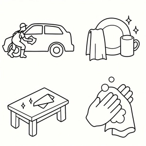Kitchen dishcloth set icons showing car washing, dish cleaning and wiping functions