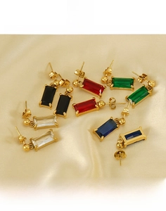 Detailed display of titanium steel gold plated earrings with colorful zircon stones