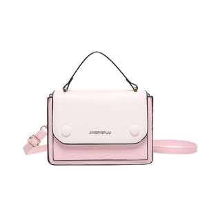 Pink and off-white color-block PU leather shoulder bag with a top handle and logo