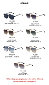 Multiple color variations of retro square sunglasses including gold and black metal frames