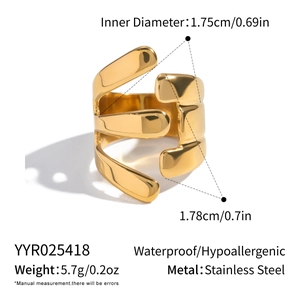 Irregular golden stainless steel ring showing multi-layer design with size measurements