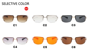Detailed grid of rimless Y2K square sunglasses in six vibrant colors with rhinestone accents
