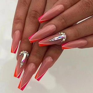 Luxury Long Coffin Press On Nails Aurora Square Rhinestone French V-Tip Orange Pink Gradient Fake Nails For Women Manicure
