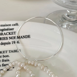Minimalist S925 sterling silver open bangle with double beads and baroque pearl necklace