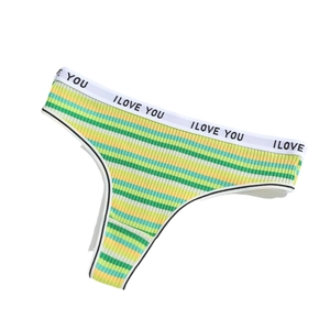 String taille basse côtelé à rayures jaune et vert avec ceinture élastique I LOVE YOU pour femme