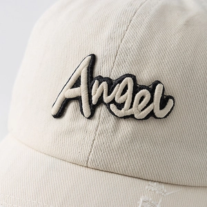 Creamy white cotton baseball cap for kids with Angel embroidery and distressed detail