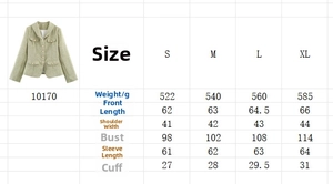 Size chart for Tweed jacket showing measurements for length, bust, shoulder, and sleeve