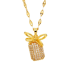 Elegant gold bowtie necklace with a square diamond-set pendant on a refined link chain