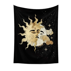Detail of sun and moon tapestry with Love Me Like The Sun Loves The Moon text