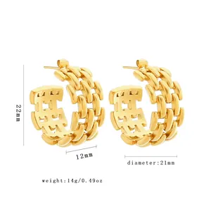 Gold braided hollow stainless steel hoop earrings for women, 22mm height chunky design