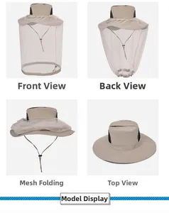 Detail view of khaki sun hat with breathable mesh crown and folding anti-mosquito face veil