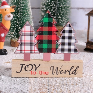 Christmas wooden desktop decoration with plaid trees and JOY to the World engraved base