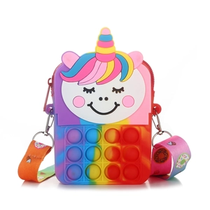 Rainbow unicorn pop-it fidget silicone shoulder bag for kids with adjustable strap