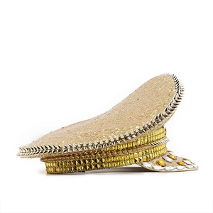 Cosplay navy hat featuring golden sequins, silver punk rivets and sparkling rhinestones
