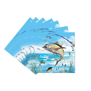 Set of 6 waterproof fishing themed placemats with tuna and fishing rod illustrations