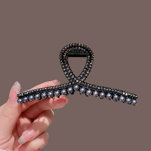 Elegant gunmetal shark hair clip with micro-beads and pearl trim decoration