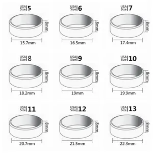 Detailed ring size chart with USA sizes 5 to 13 including width and inner diameter details