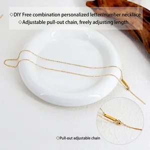 Adjustable gold DIY alphabet necklace with pull-chain and rectangular bar pendant
