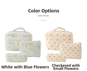 Three-piece quilted cotton floral makeup bag set showing blue and red flower patterns