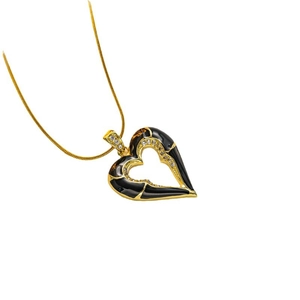 18K gold plated titanium steel heart necklace with black enamel and small diamonds