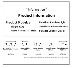 Size chart for TR90 blue light blocking glasses with dimensions and 12.4g weight info