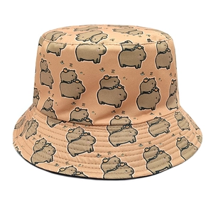 Pink sun bucket hat featuring cute capybara all-over print for outdoor sun protection