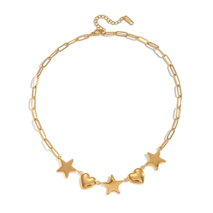 Collier minimaliste en acier inoxydable doré avec trois étoiles et deux cœurs
