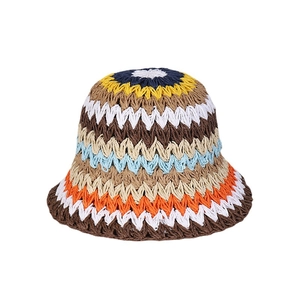 Colorful striped handmade crochet bucket hat with vibrant knit waves for women