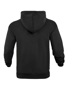 Detail of black hoodie back showing honeycomb waffle texture fabric and ribbed hem