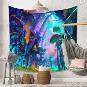 Detailed close-up of a psychedelic mushroom forest tapestry on a white brick wall