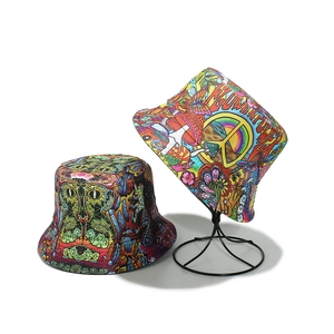 Bucket Hat Polyester Sun Protection Psychedelic Hippie Print Colorful Streetwear For Men Women Double Sided Foldable