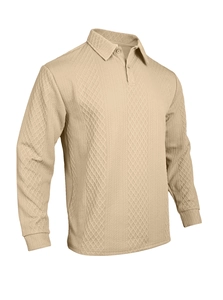 Close-up of textured diamond jacquard knit pattern on men's long sleeve polo shirt