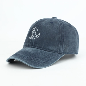 Navy blue washed cotton baseball cap featuring minimalist white puppy embroidery for casual style