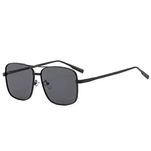 Classic double bridge square pilot sunglasses with black metal frame and dark grey lenses