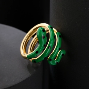 INS style 18K gold plated snake ring with green enamel and black polka dots