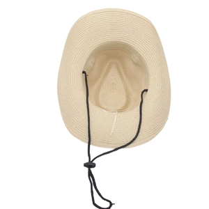 Panama straw cowboy hat with wide brim and adjustable wind rope for sun protection
