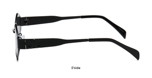 Detailed side view of black geometric sunglasses with embossed emblem on temples