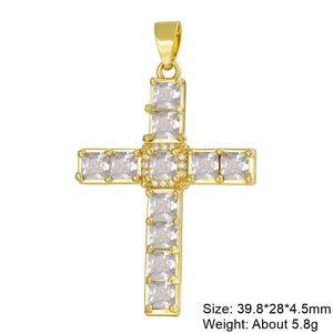 Detailed view of gold cross pendant with cubic zirconia and size dimensions info