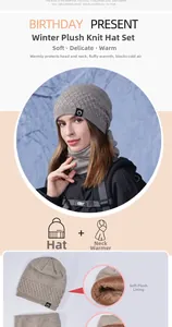 Detail of warm winter knitted hat and neck gaiter set with thick brown fleece lining