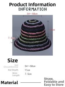 Detailed size guide for colorful striped paper straw hat with foldable material specs