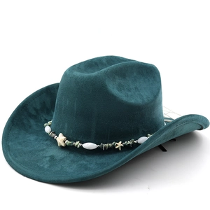 Dark teal faux suede cowboy hat featuring a wide curved brim and starfish beaded band